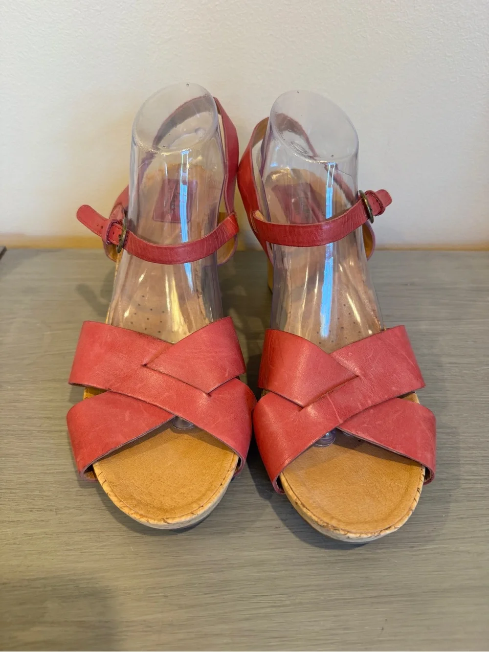 Clarks Womens Ankle Strap Sandals Red Beige Leather Cork High Heel Buckle 12M